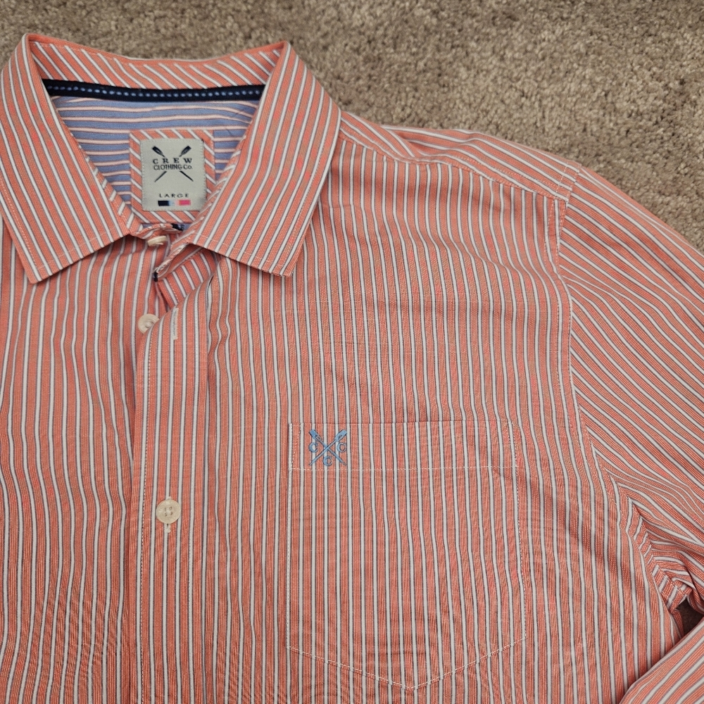 Crew Clothing Co Mens Long Sleeved Shirt Size L Classic Fit Orange Blue Striped
